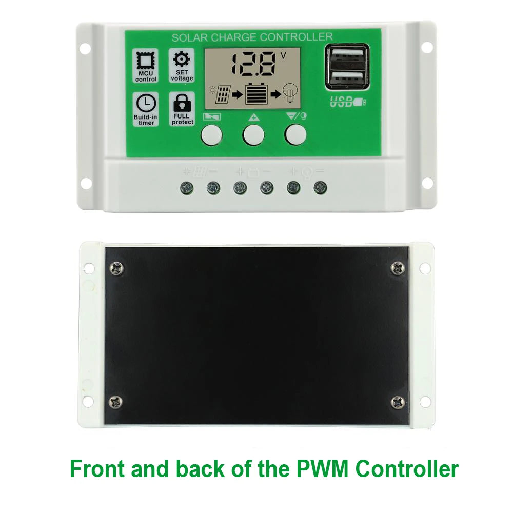 PWM Solar Charge Controller, Advanced solar charge controller with microcontroller, USB-C, overcharge protection, and voltage regulation.