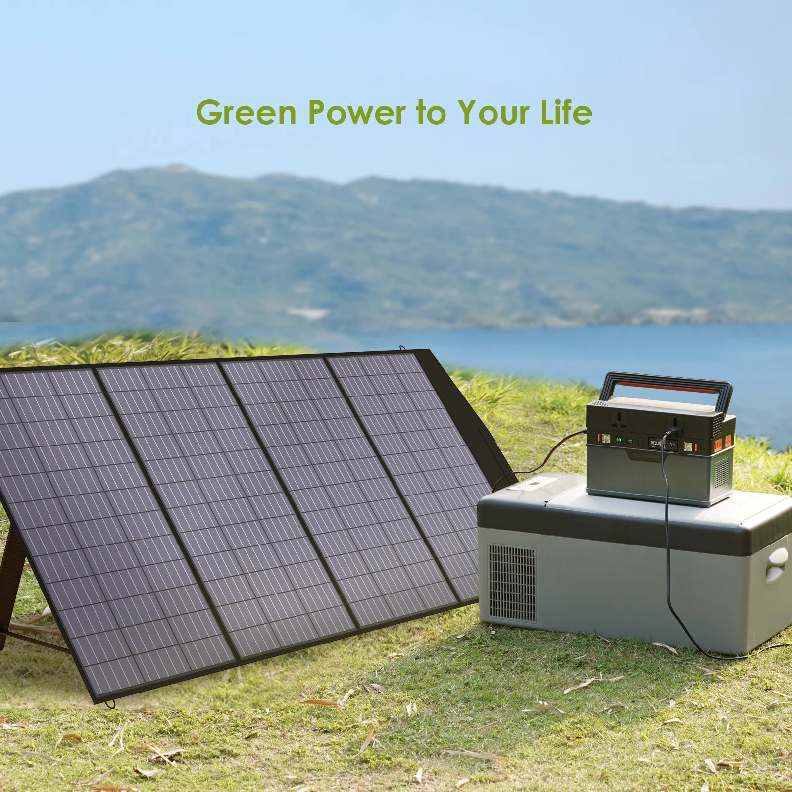 Solar panel kit with foldable panel, adapters, cables, and manual, backed by 18-month warranty and customer support.