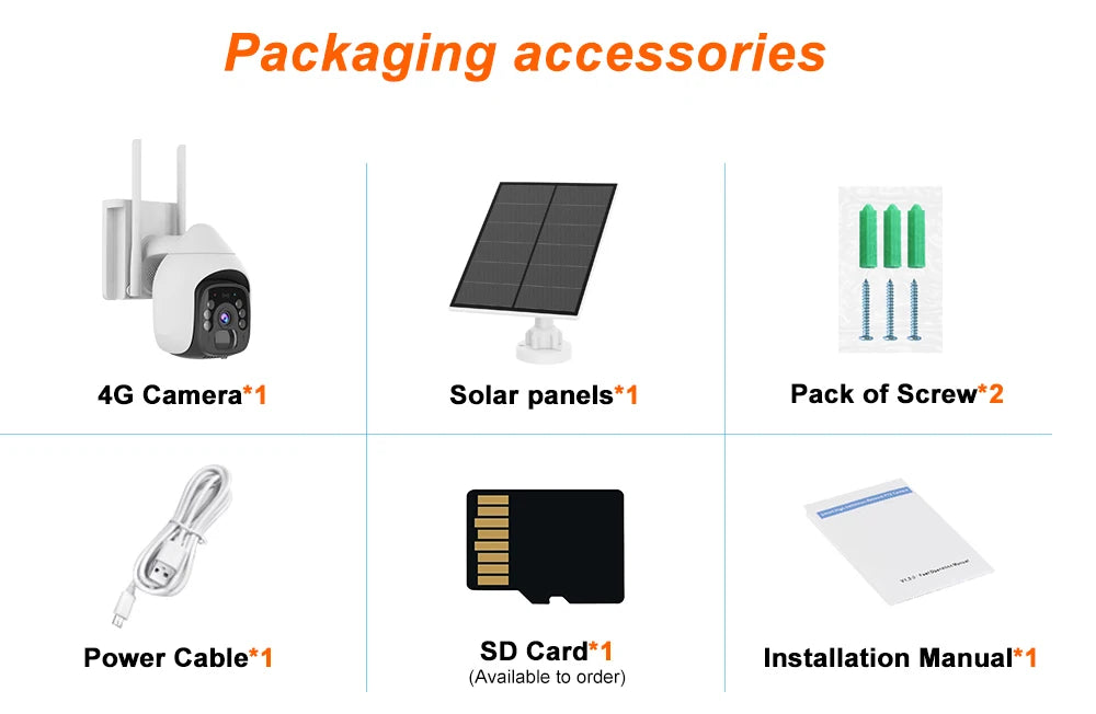 HFWVISION BS9 4G Ptz Camera, Camera package with 4G capabilities, solar charging, and accessories for easy setup.