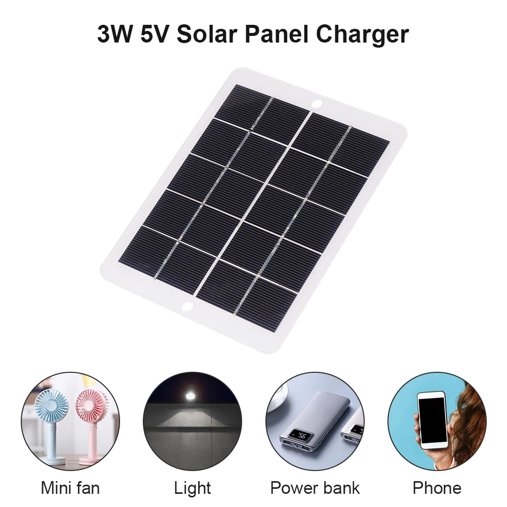 Portable solar charger with fan, light, and power bank for charging phones outdoors.