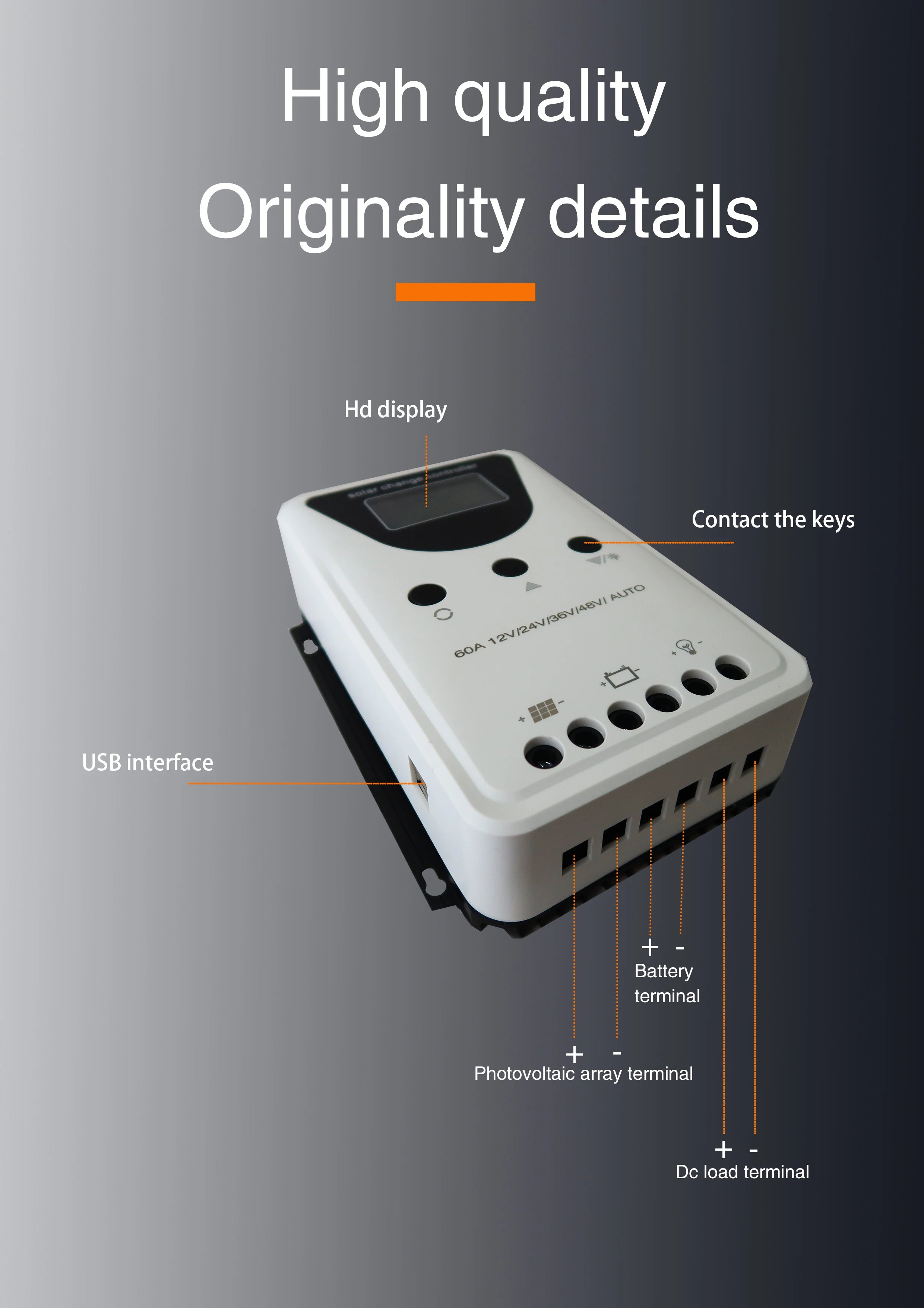 High-quality solar panel charger controller with LCD display, USB port, and multiple terminal connections.