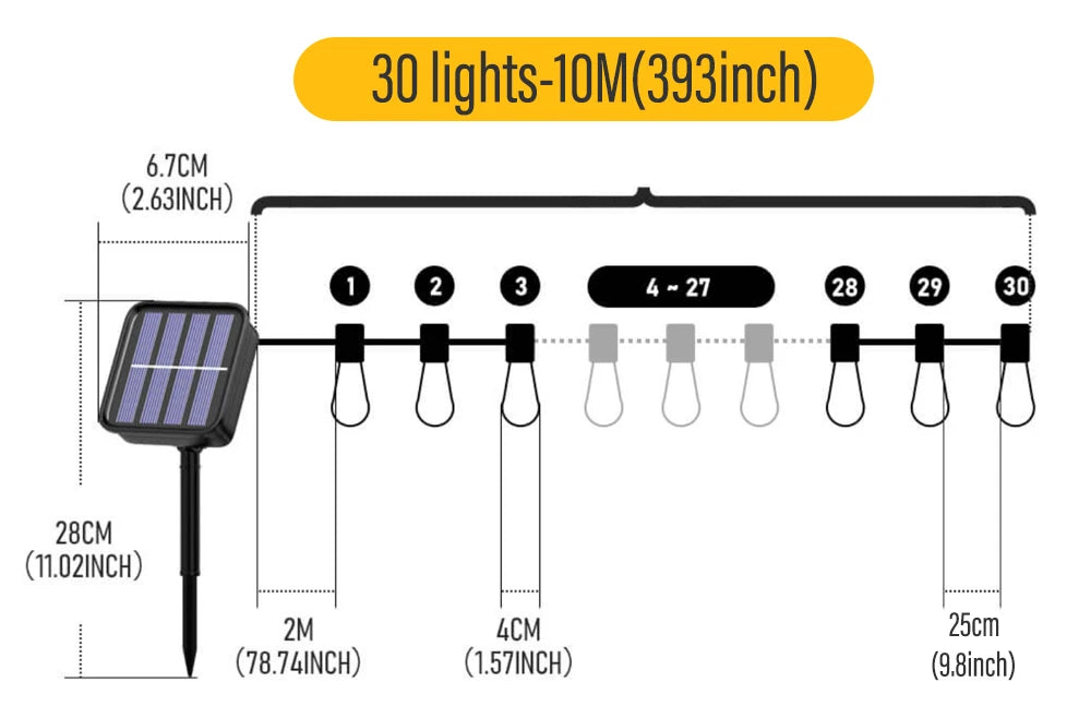 LED Solar String Light, Flexible installation allows placement of solar panels at any location using included stakes and clips.