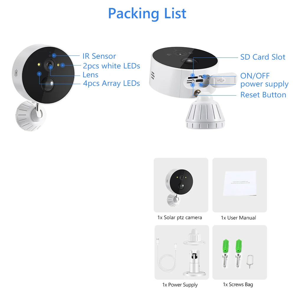 Wireless Solar Camera, Wireless solar-powered camera package with various components including IR sensor and LED lights.