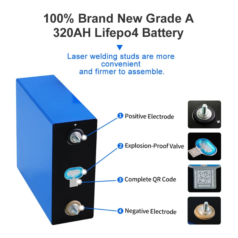 1PCS 3.2V 320Ah 310Ah Lifepo4 Battery, Grade A Lifepo4 battery with laser-welded studs, explosion-proof valve, and QR code.