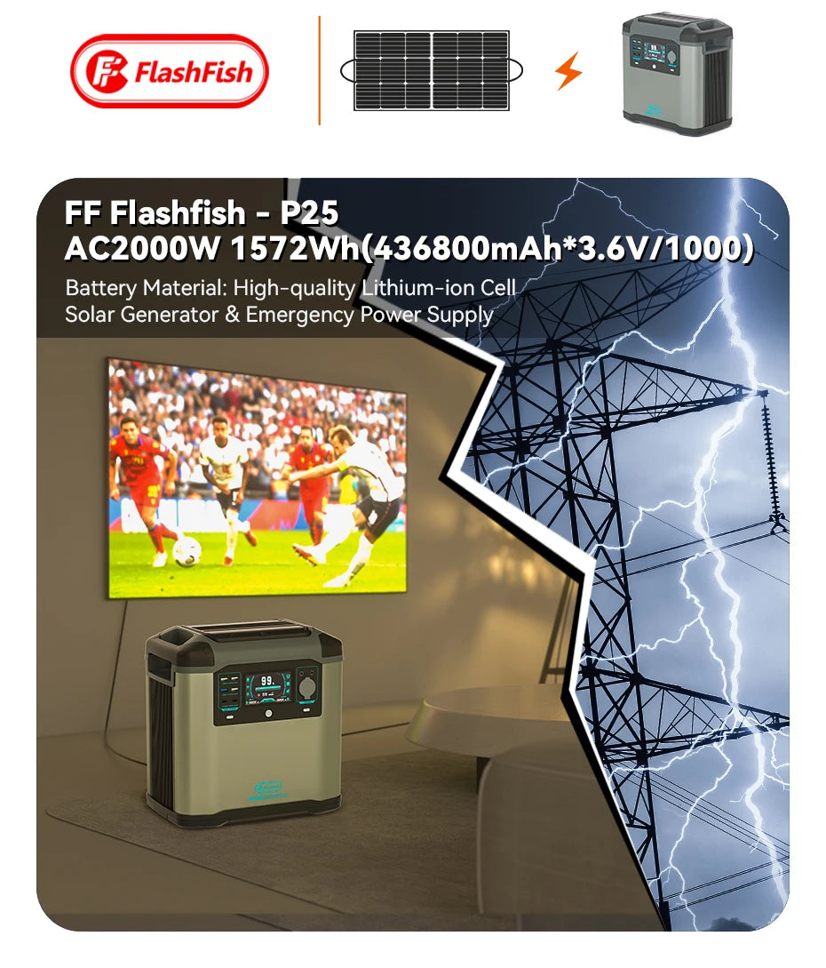 FF Flashfish  P25 Solar Generator, Portable solar generator with 1572Wh capacity for emergency power supply and outdoor use.