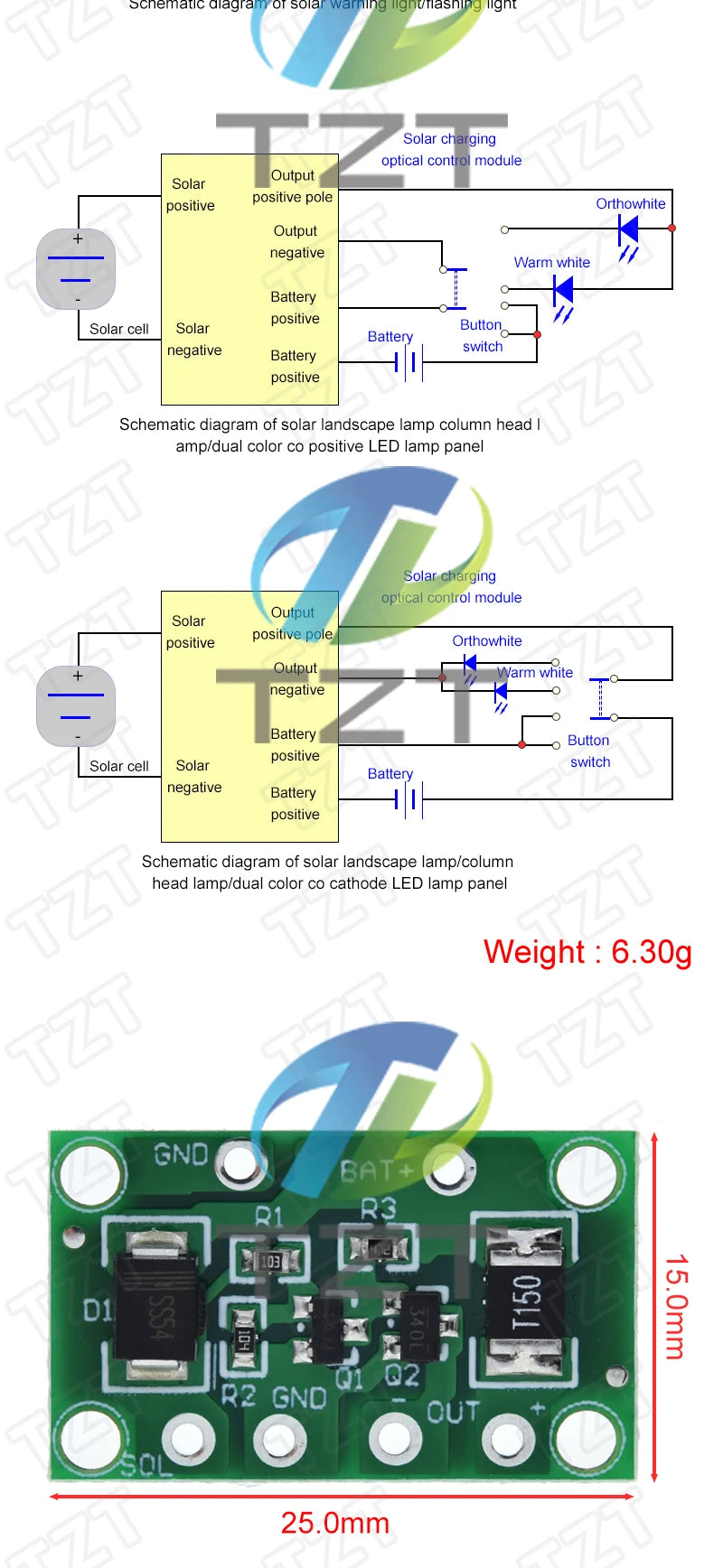 Solar PCB Controller, Compact solar-powered controller module for landscape lamps with multiple output voltages and battery charging function.