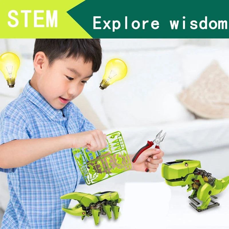 Interactive dinosaur solar kit for kids, teaching STEM concepts through fun experiments.