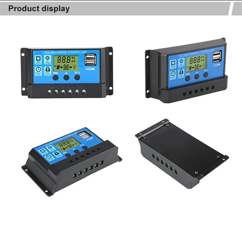 10A 12V 24V PWM Solar Controller, Solar charge controller with dual USB ports and LCD display for simultaneous device charging.