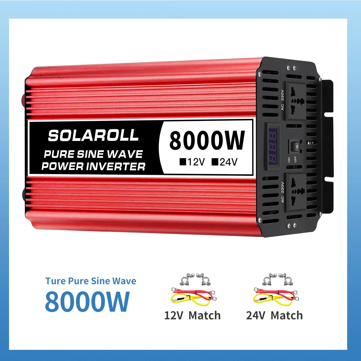Pure Sine Wave Inverter, SOLAROLL DC/AC Inverter specifications: power outputs from 1500W to 8000W, frequencies at 50HZ or 60HZ.