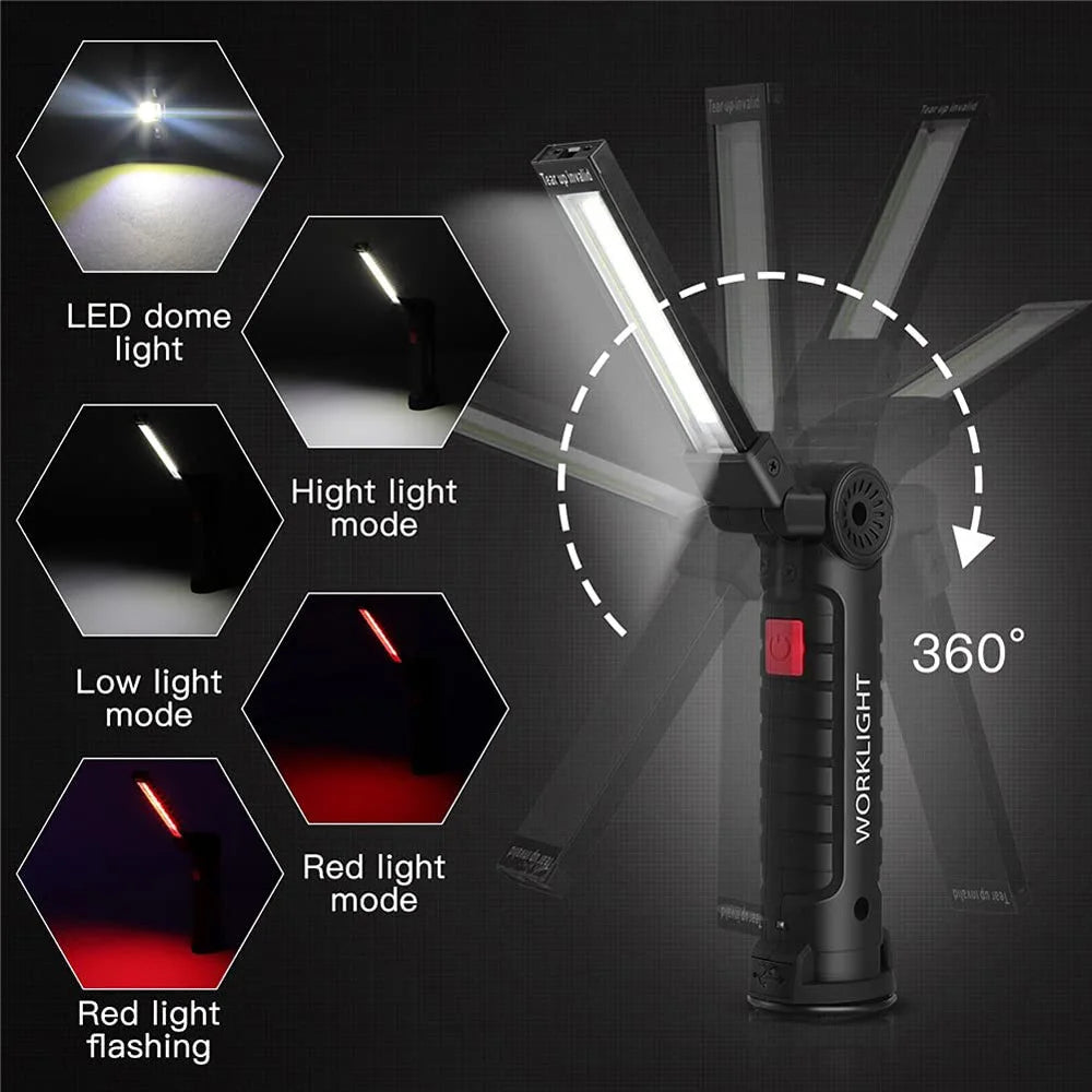 New Portable COB LED Flashlight, Adjustable LED light with high-intensity, low-light, and flashing red options for customizable illumination.