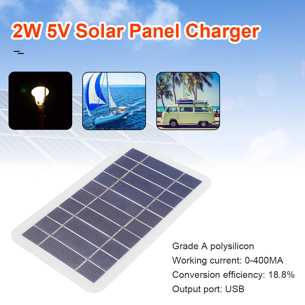 USB Solar Charger Panel, High-efficiency solar panel with 2W output, 400mA current, and 18.8% conversion efficiency, featuring a single USB port.