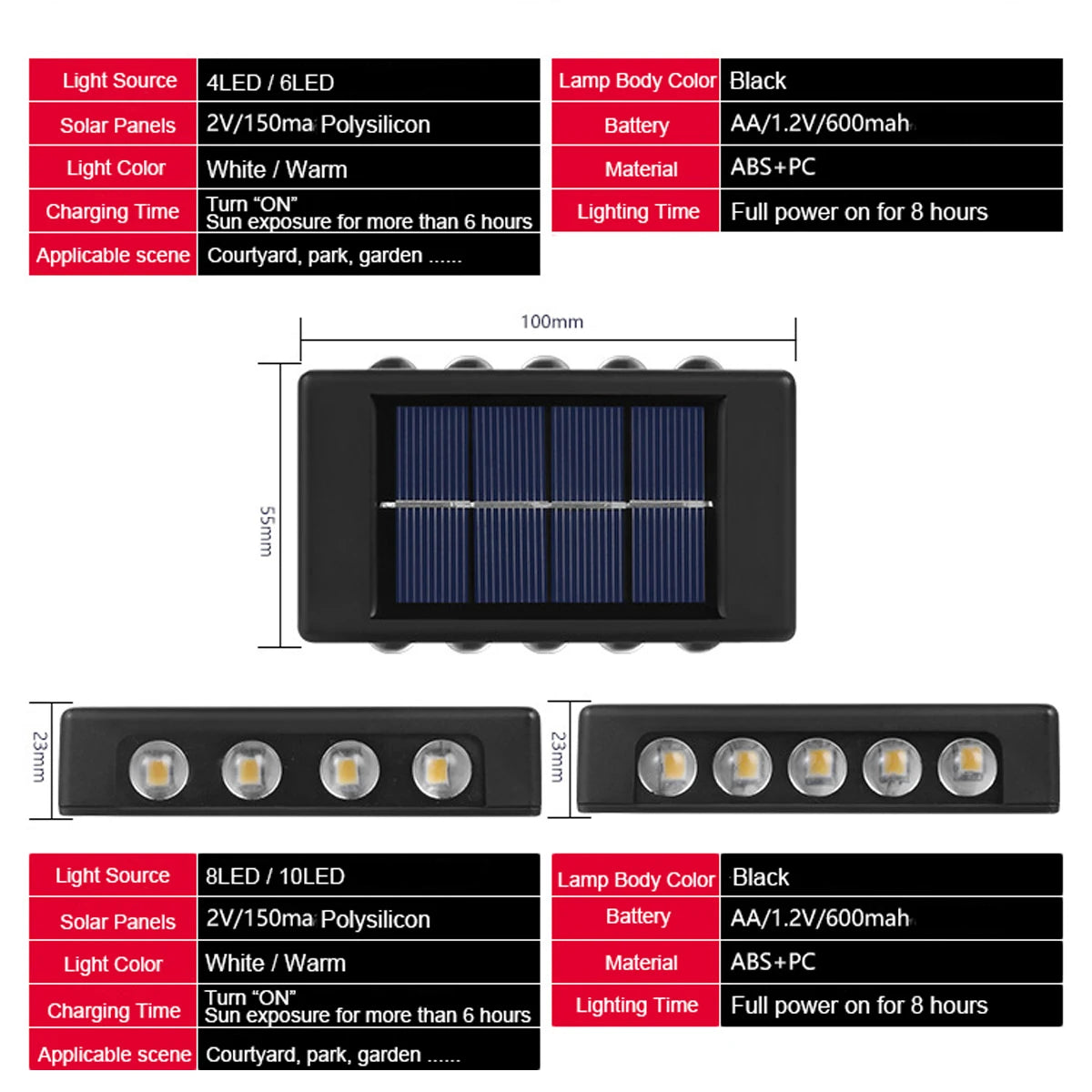 Solar-powered lamp with LED lights, rechargeable battery, and adjustable color options for outdoor use.