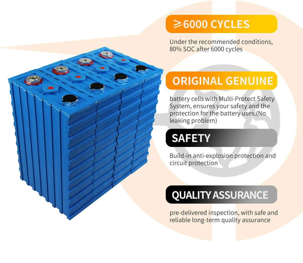 Lifepo4 cells provide up to 6000 cycles, ensuring safety with multi-protect system and anti-explosion protection.