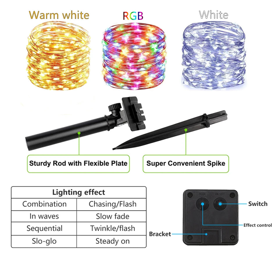 Solar String Fairy LED Light, Outdoor solar-powered string lights with customizable settings and CE-approved design.