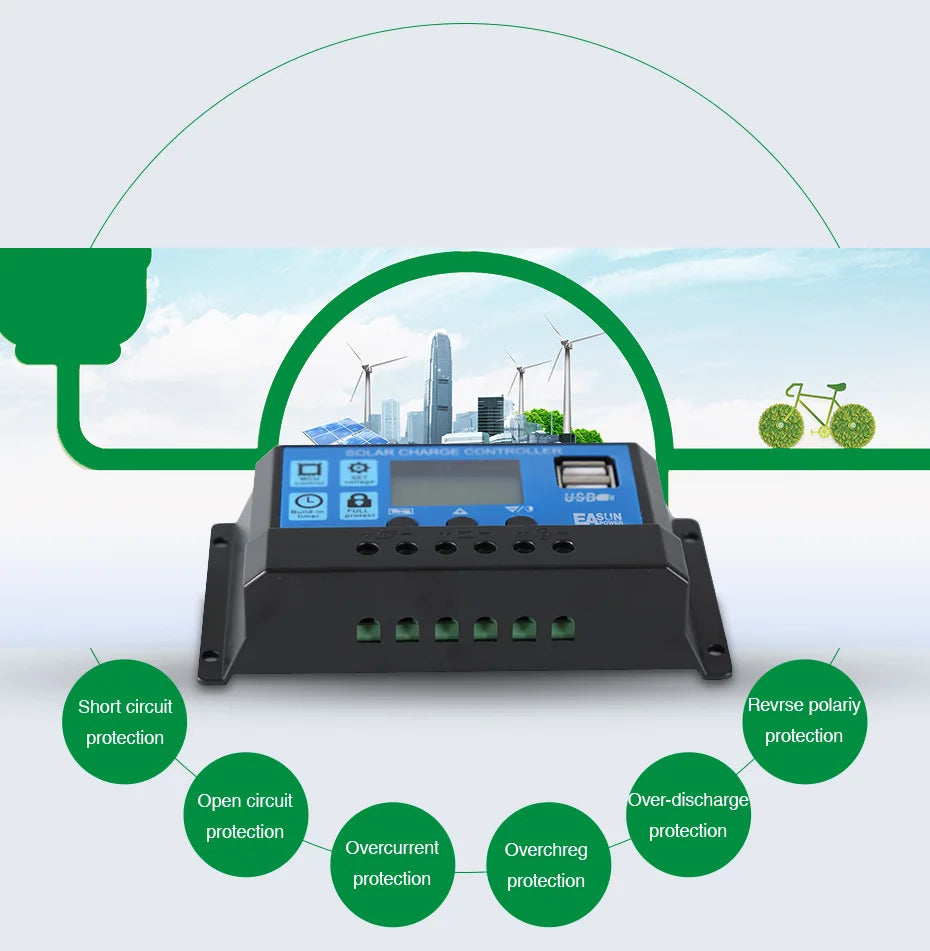 10A-100A MPPT Solar Controller, Charging safeguards: short-circuit, reverse polarity, over-discharge, overcurrent, and overload protections ensure safe and efficient power transfer.