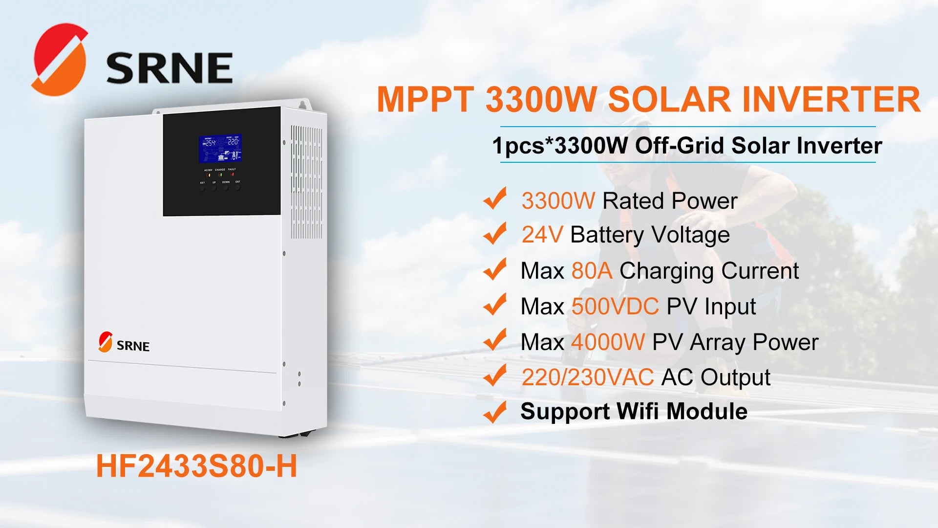 SRNE 3300W Hybrid Solar Inverter, SRNE's MPPT hybrid solar inverter features 3300W power, 24V battery voltage, and WiFi monitoring.