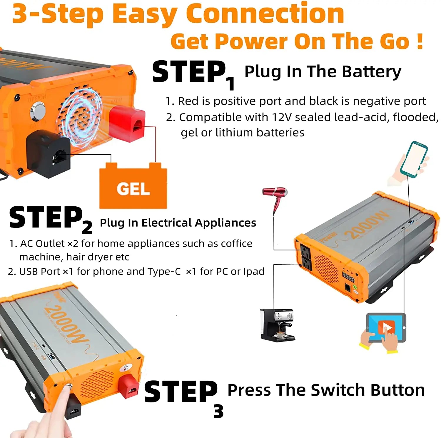 1200W 2000W Pure Sine Wave Solar Inverter, Easy 3-step connection process: connect battery, plug in appliances, press start.