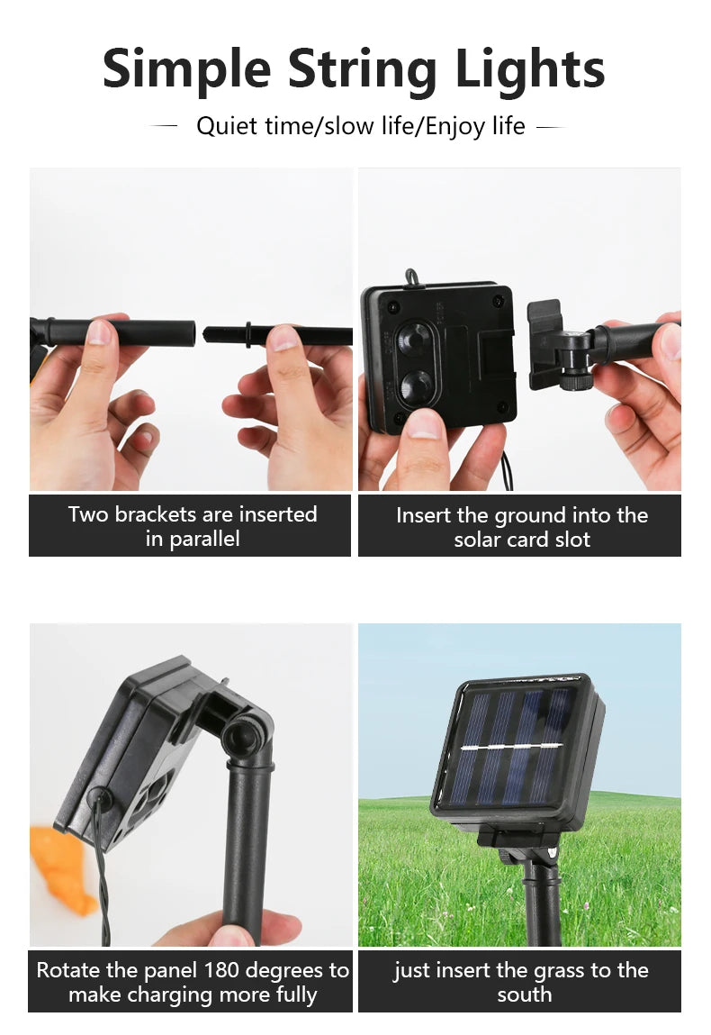 LED Solar String Light, Optimize solar charging with ground stake and bracket alignment.