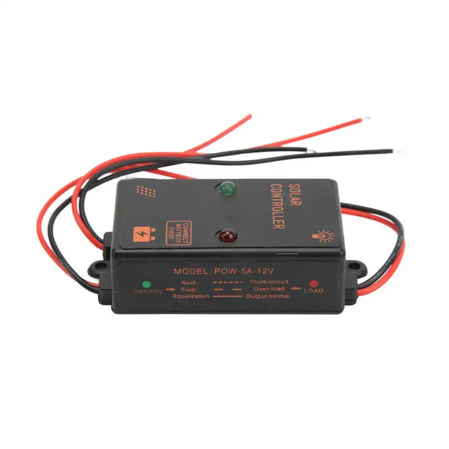 Waterproof solar panel controller for 5A, 6V/12V power systems with auto adjustment and PWM charging.