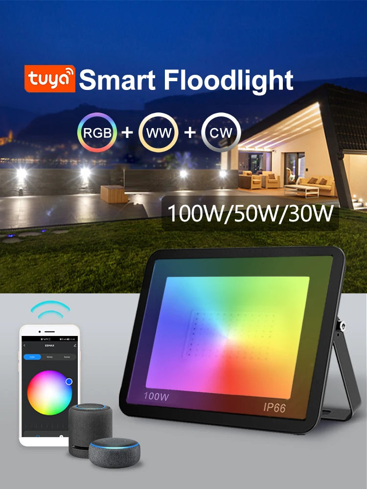 TUYA RGB christmas light, Outdoor smart floodlight with RGB colors and adjustable brightness, waterproof for garden and courtyard use.