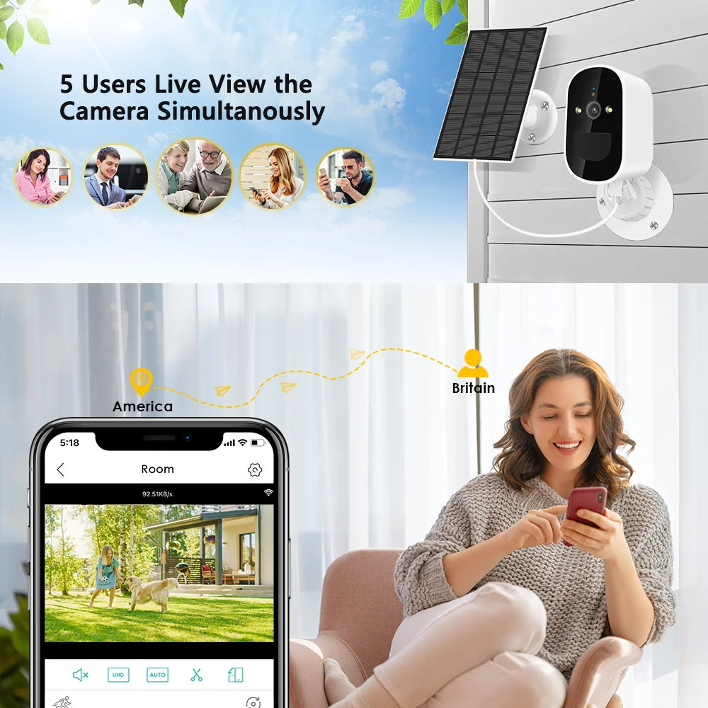 TD3 - Wireless Solar Wifi Camera, Real-time video monitoring for up to 5 users, suitable for monitoring rooms or spaces across Britain and America.