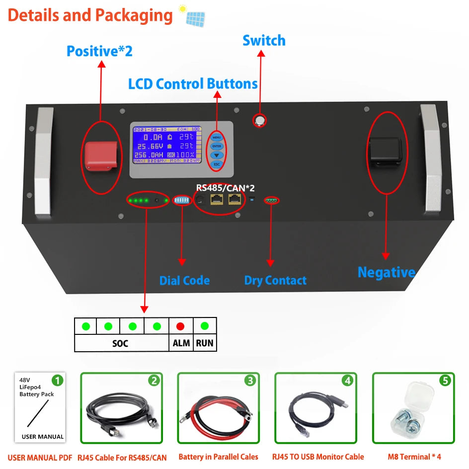 LiFePO4 24V 240Ah 300Ah 200Ah 6144Wh Battery, Product details: LCD buttons, indicators, and cables included; 24V LiFePO4 battery pack with 8S BMS and 10-year warranty.