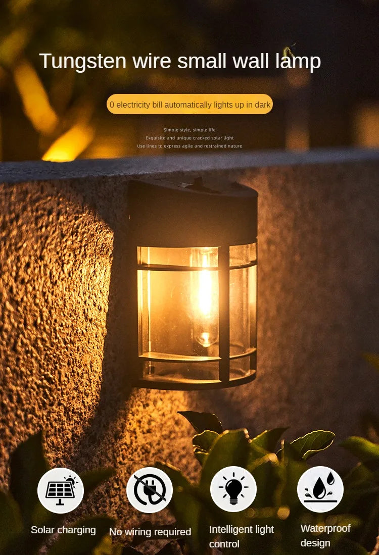 Solar-powered wall lamp auto-turns on at dusk, eliminating wiring needs.