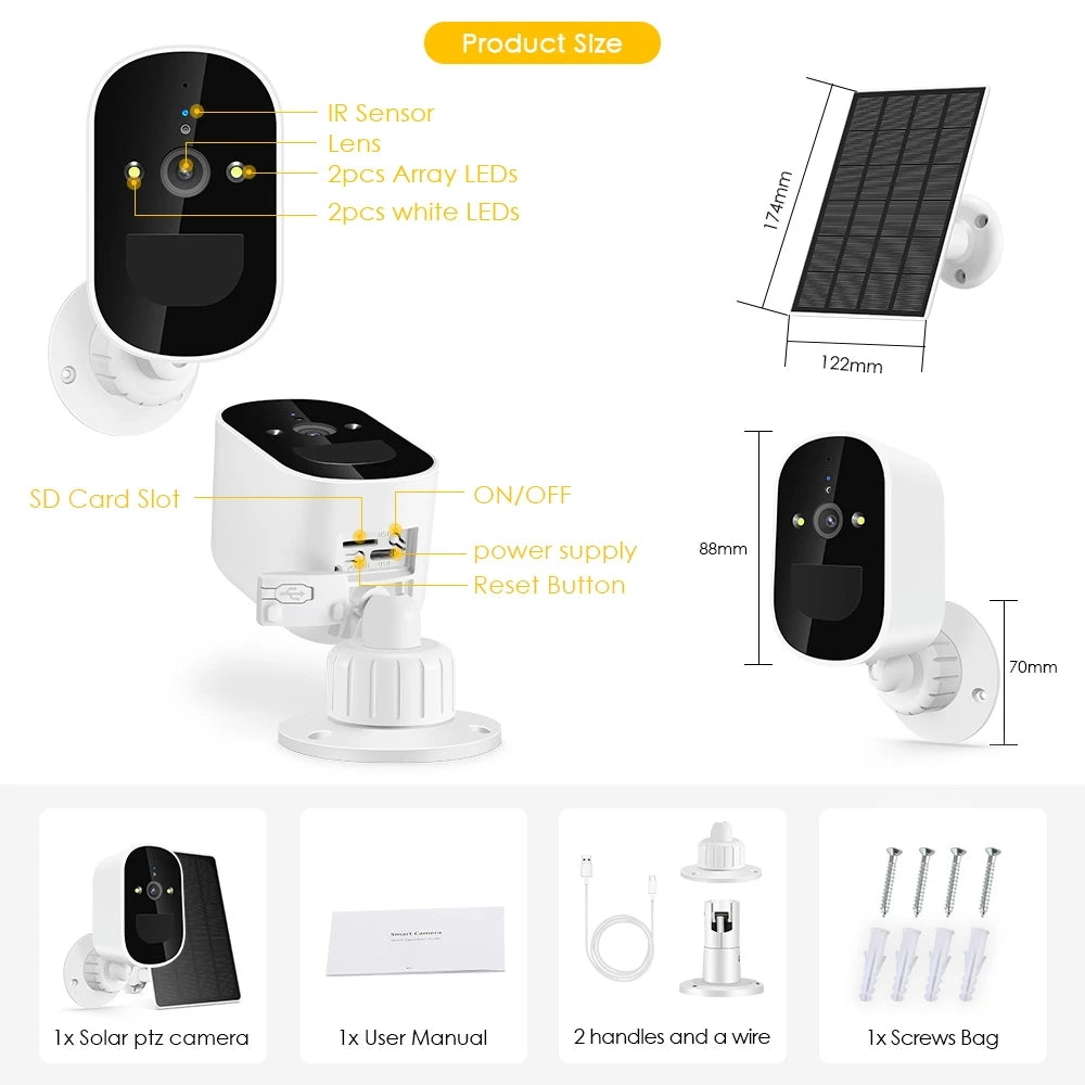 BESDER  TD3 WiFi Solar Camera, Product includes manual, hardware, and sensors for camera with interchangeable lenses.