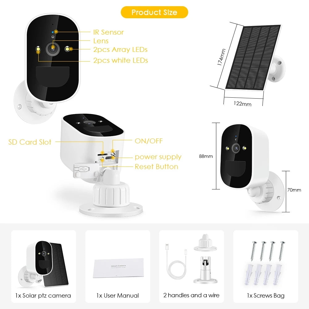BESDER TD3 WiFi Solar Camera, Product includes manual, hardware, and sensors for camera with interchangeable lenses.