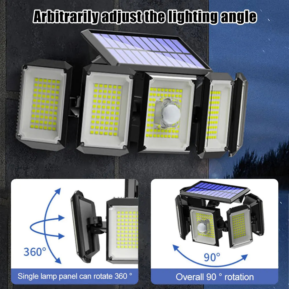 5 Heads 300 LED Solar Light, Ergonomic design offers adjustable lighting with 360-degree rotation and 90-degree tilt.