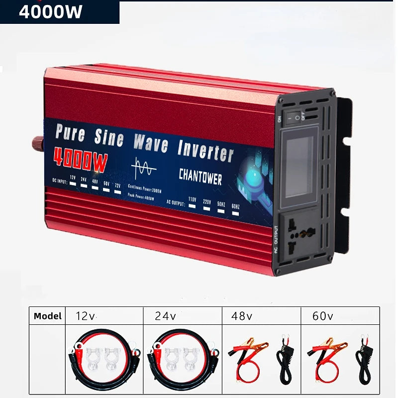 Pure Sine Wave Inverter, Converts DC power to AC power: 12V-48V input, 2000W-4000W output, suitable for car, solar, and battery charging.