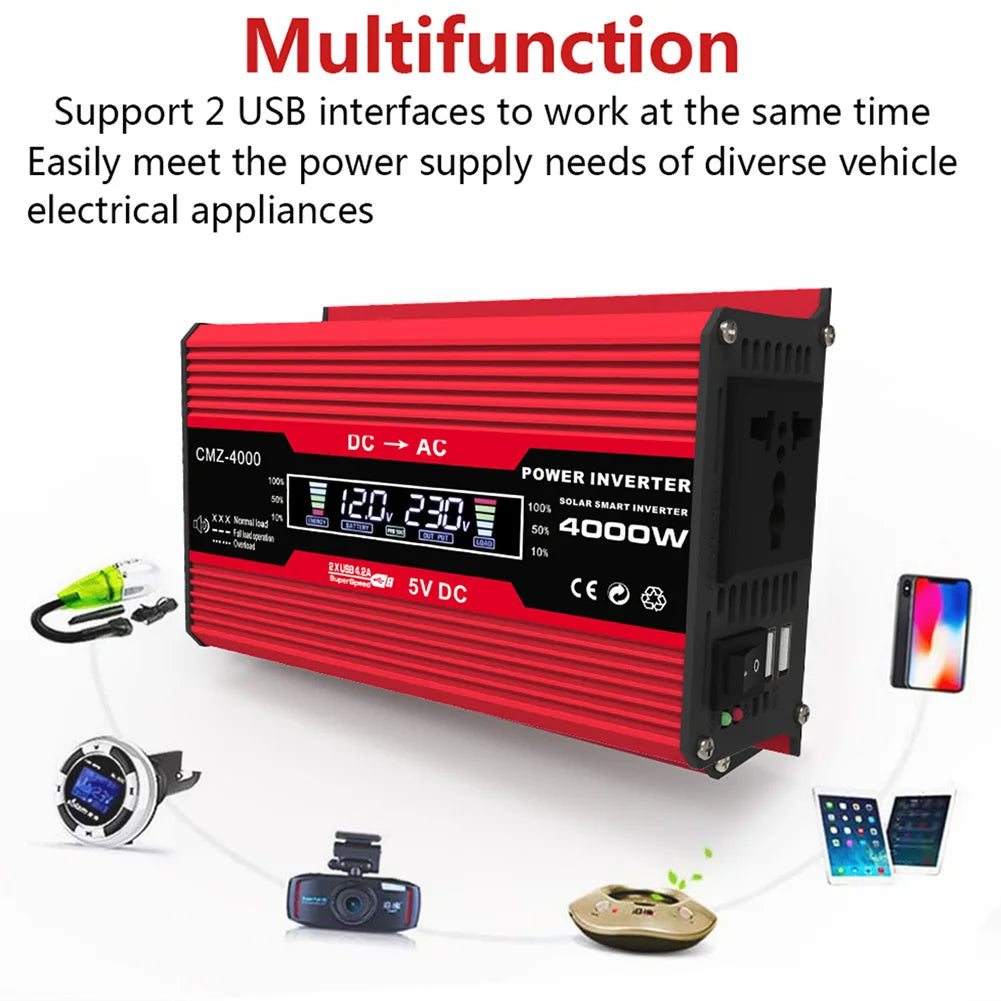 4000W Pure Sine Wave Inverter, Multifunctional support for USB charging and DC-AC inverter with pure sine wave output.