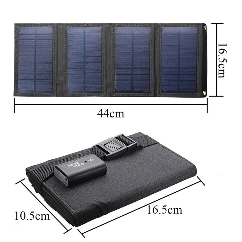 Foldable Solar Panel, Portable solar charger with built-in USB interface and buckle, suitable for mobile devices.