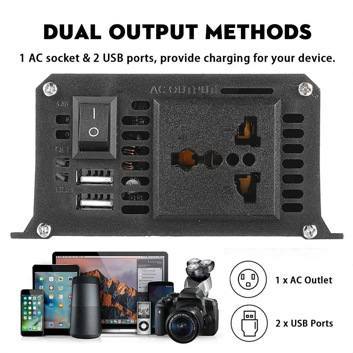 Multiple charging options: AC outlet and two USB ports.