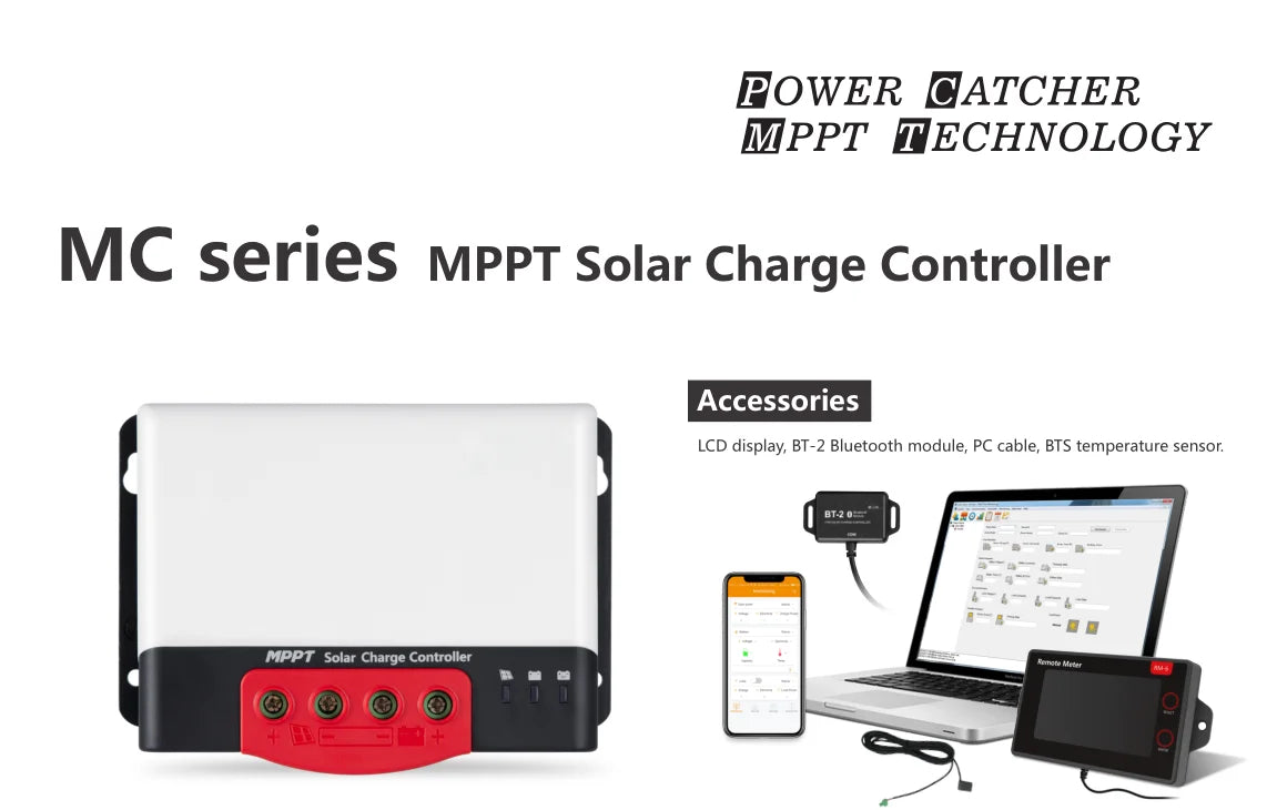 SRNE MPPT Solar Charge Controller, SRNE's MPPT solar charger for lithium batteries: 20-50A output, LCD display, and optional Bluetooth module.