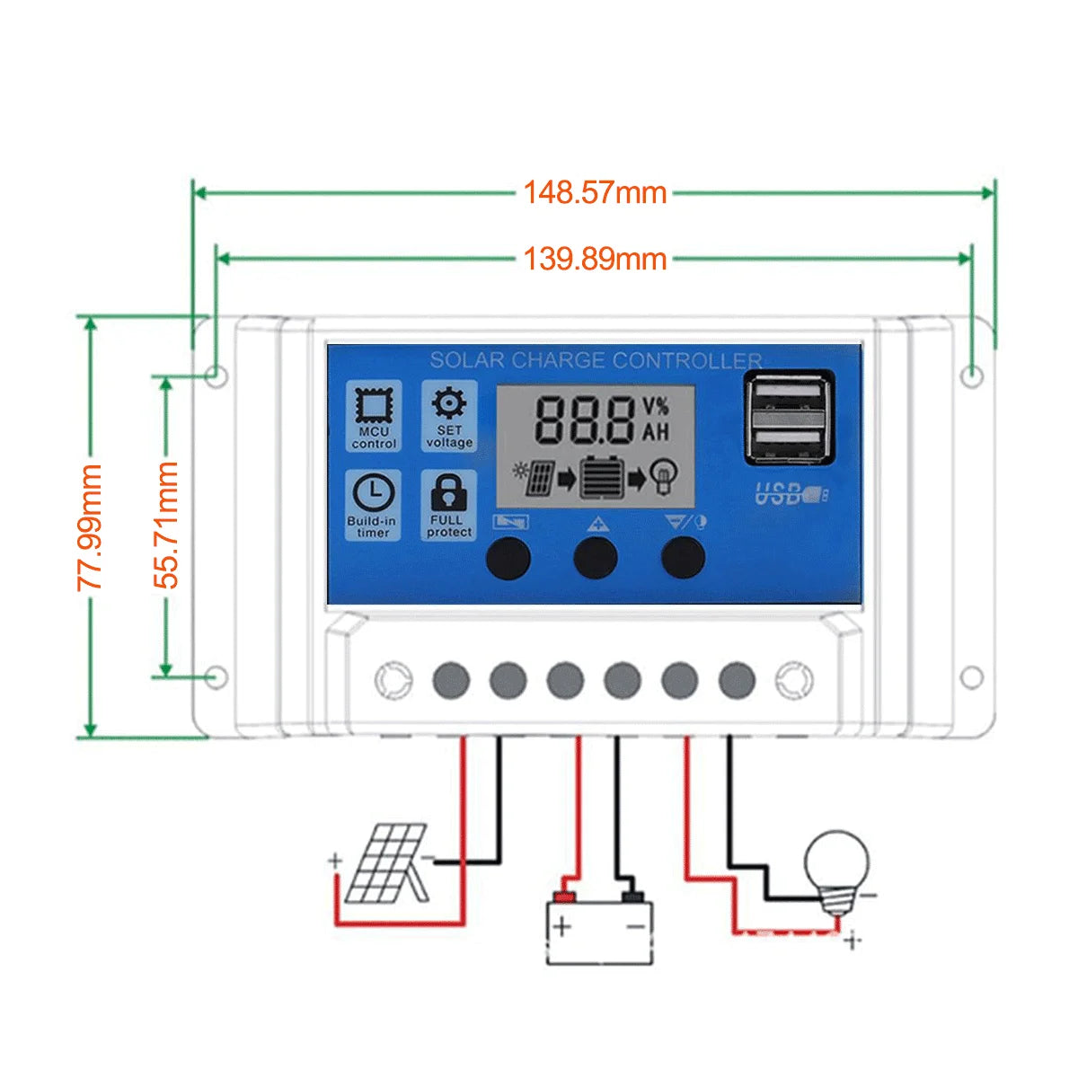 Professional Solar Panel Controller, Advanced solar charge controller with microcontroller, compact design, and safety features.