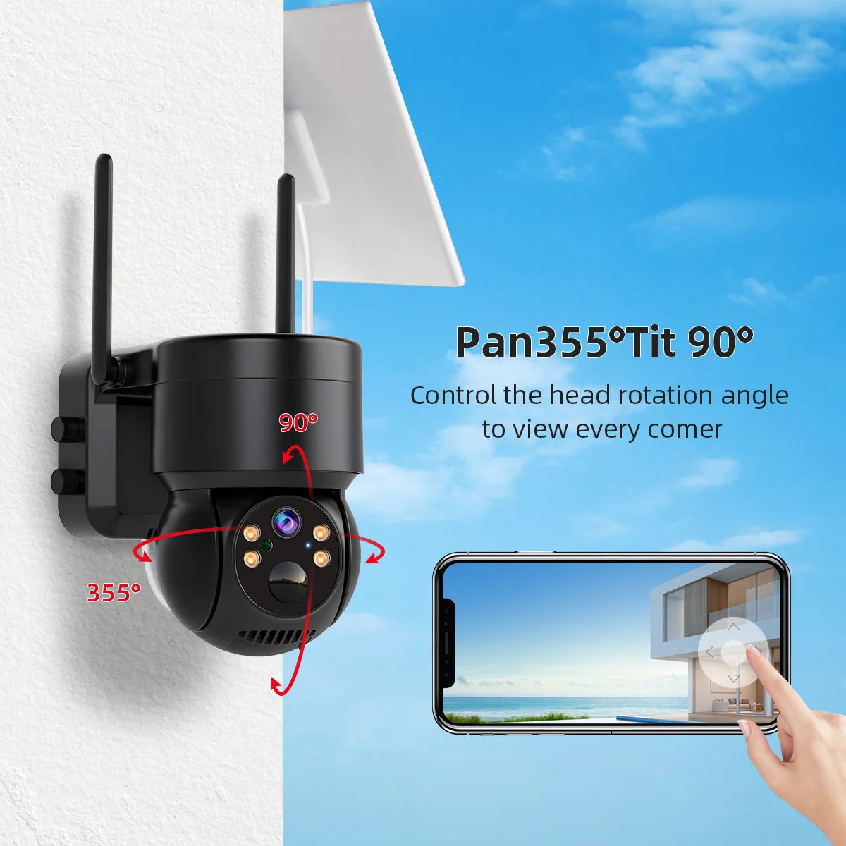 WiFi PTZ Camera, Adjust the pan angle (0-90°) for all-around coverage.