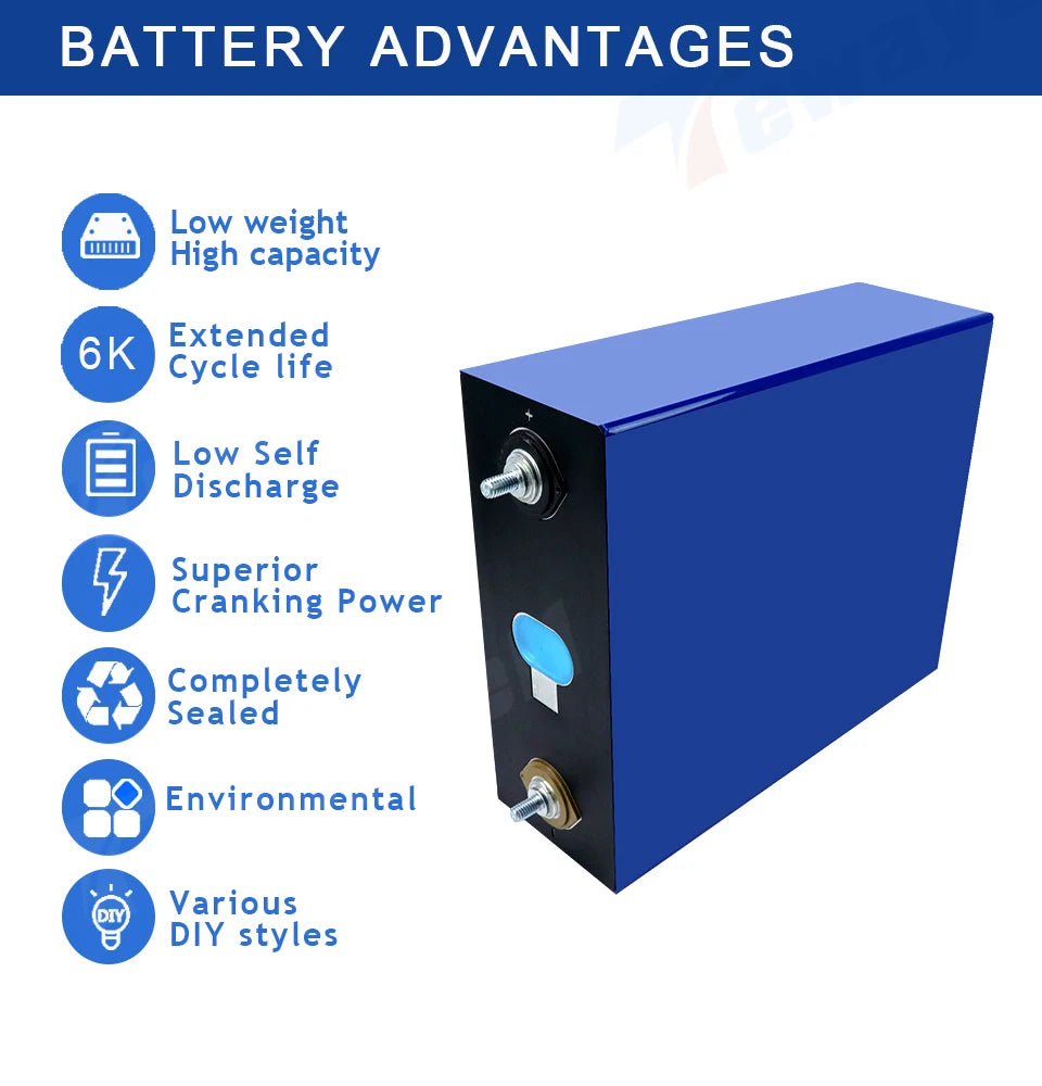 Tewaycell 280Ah Lifepo4 Rechargable Battery, Environmentally friendly battery features: lightweight, high-capacity, long-lasting, low self-discharge, and strong cranking power.