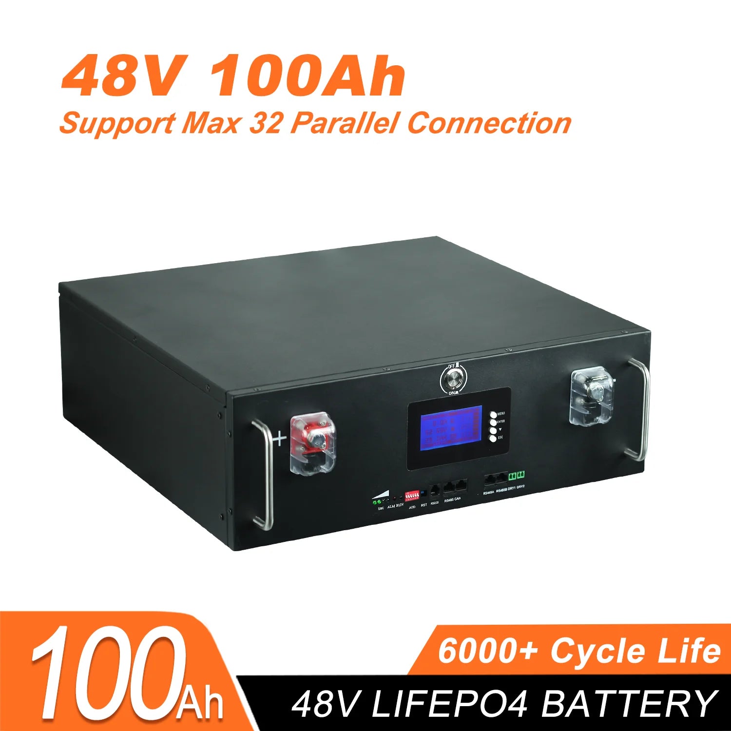 New 48V 120Ah 100Ah 200Ah LiFePo4 Battery, Reliable 48V LiFePo4 battery pack with built-in BMS, supports 32 parallel connections, 100Ah capacity, and 6,000+ cycles.