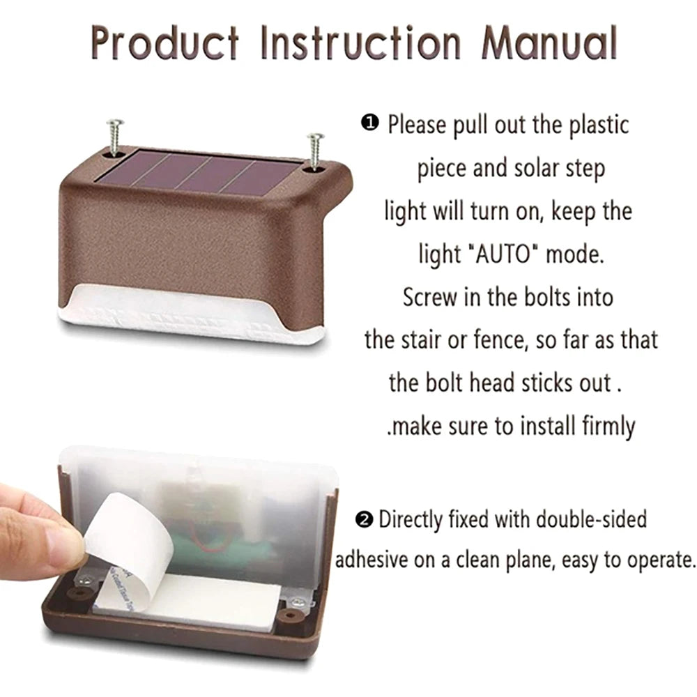 Outdoor solar lamp turns on when plastic piece is inserted; secure to stairs or fences with bolts or adhesive.