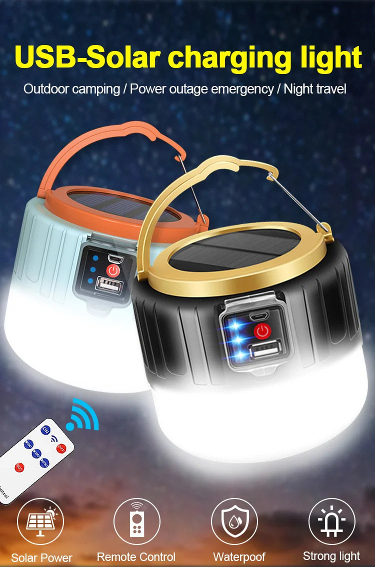 Solar LED Camping Light, Waterproof solar-powered lantern with USB charging and remote control for outdoor adventures.