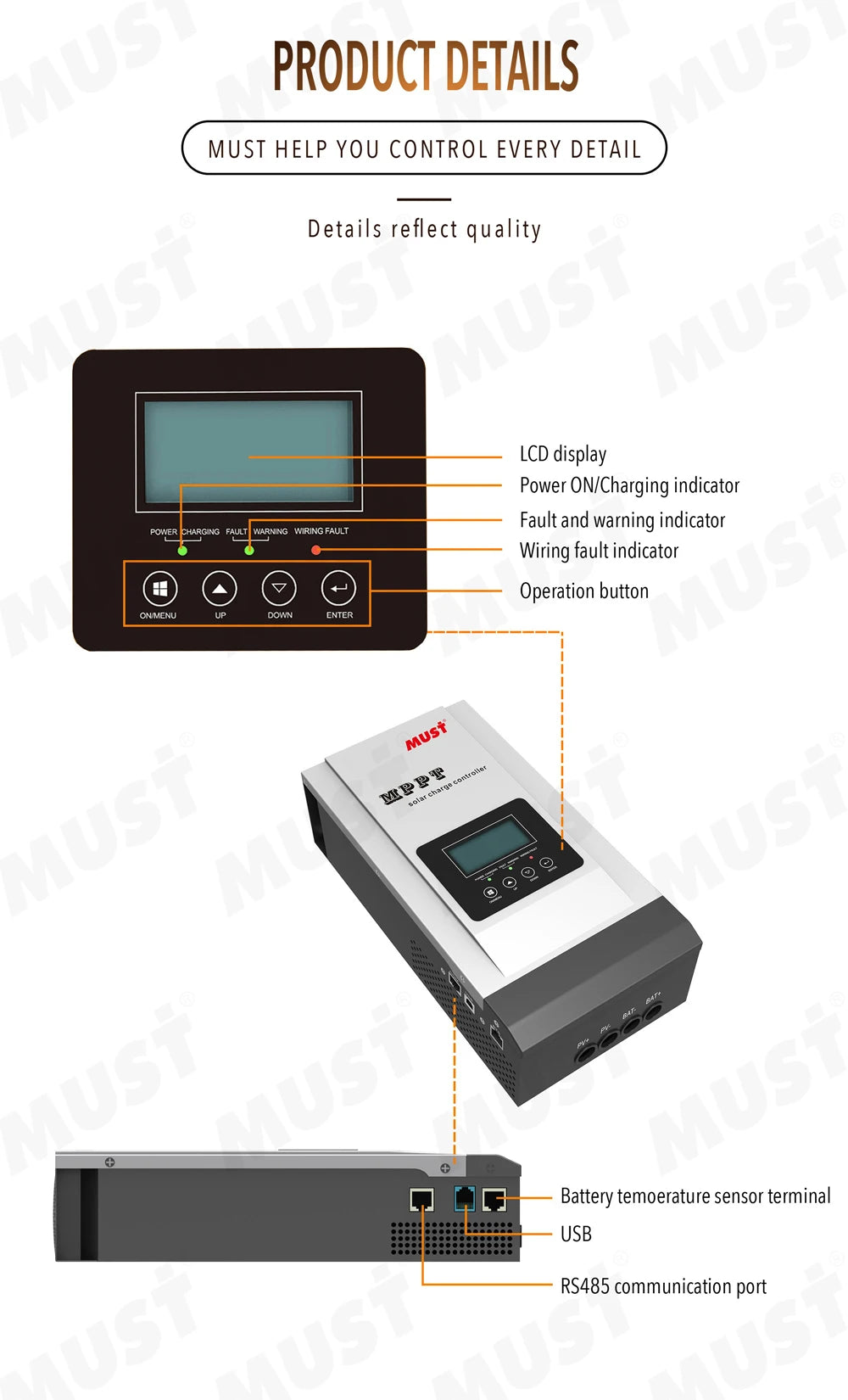 Clear display shows charging status, faults, and temperature; USB and RS485 ports for control.