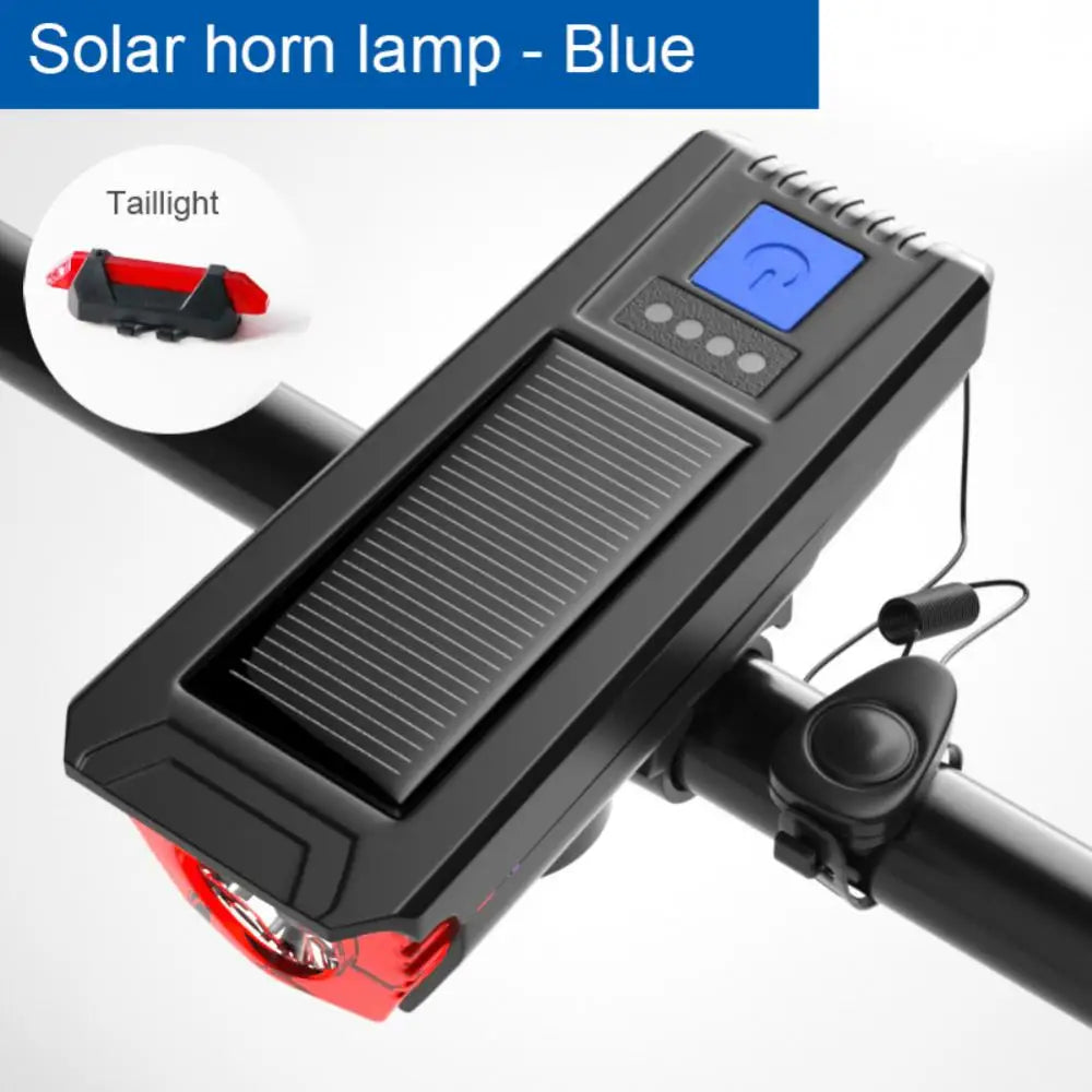 Multifunctional Solar Bicycle Light, Blue solar-powered horn light with integrated taillight for increased visibility.