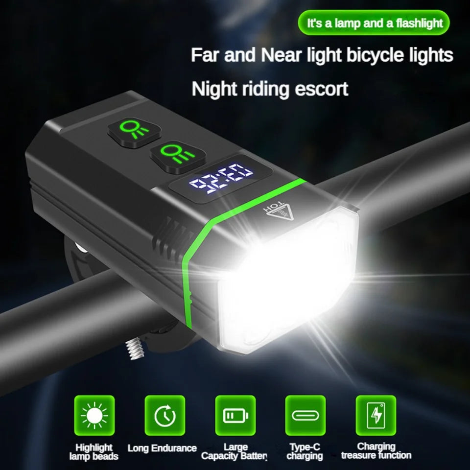 Super bright headlight for mountain bike riding with far and near vision, night assistance, and long-lasting rechargeable design.