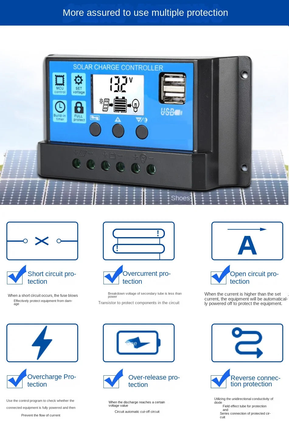 Solar charge controller with multiple protections: short-circuit, overcurrent, open-circuit, and more.