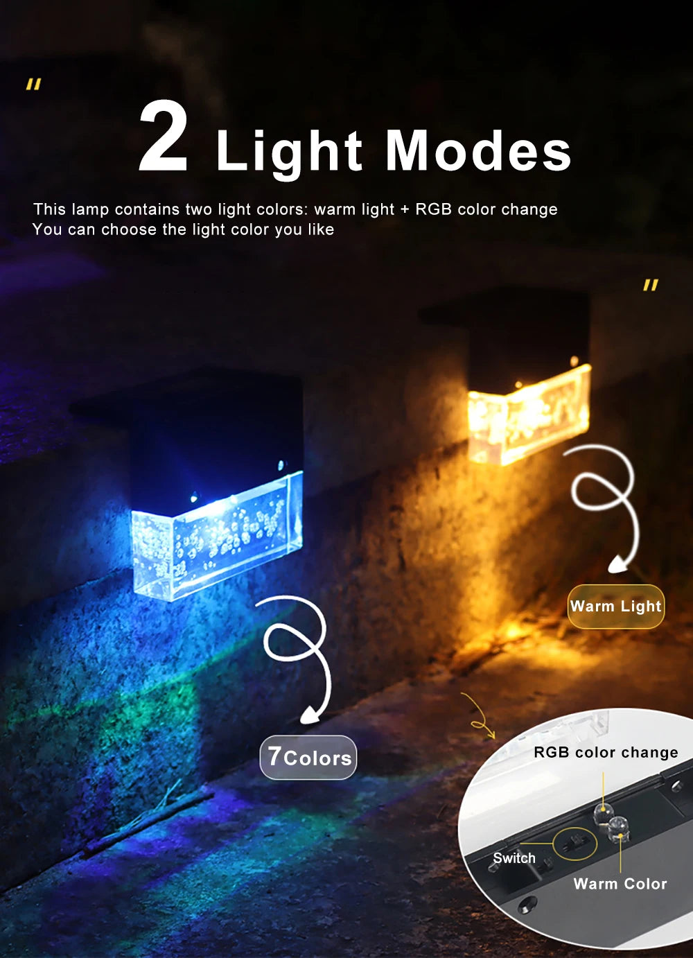 Solar LED Light, Two light modes: warm white and adjustable RGB colors with 10 color options.