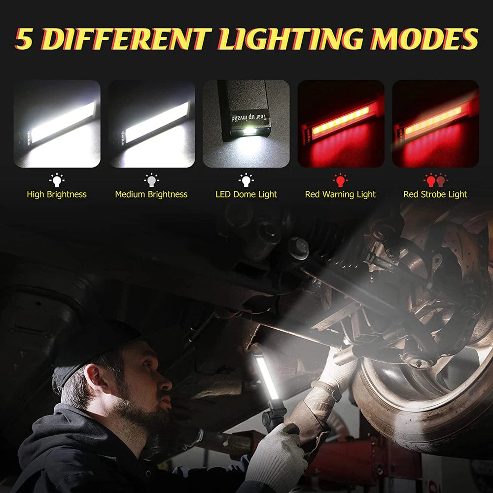 New Portable COB LED Flashlight, Five adjustable lighting modes: bright, medium, LED dome, red warning, and strobe.