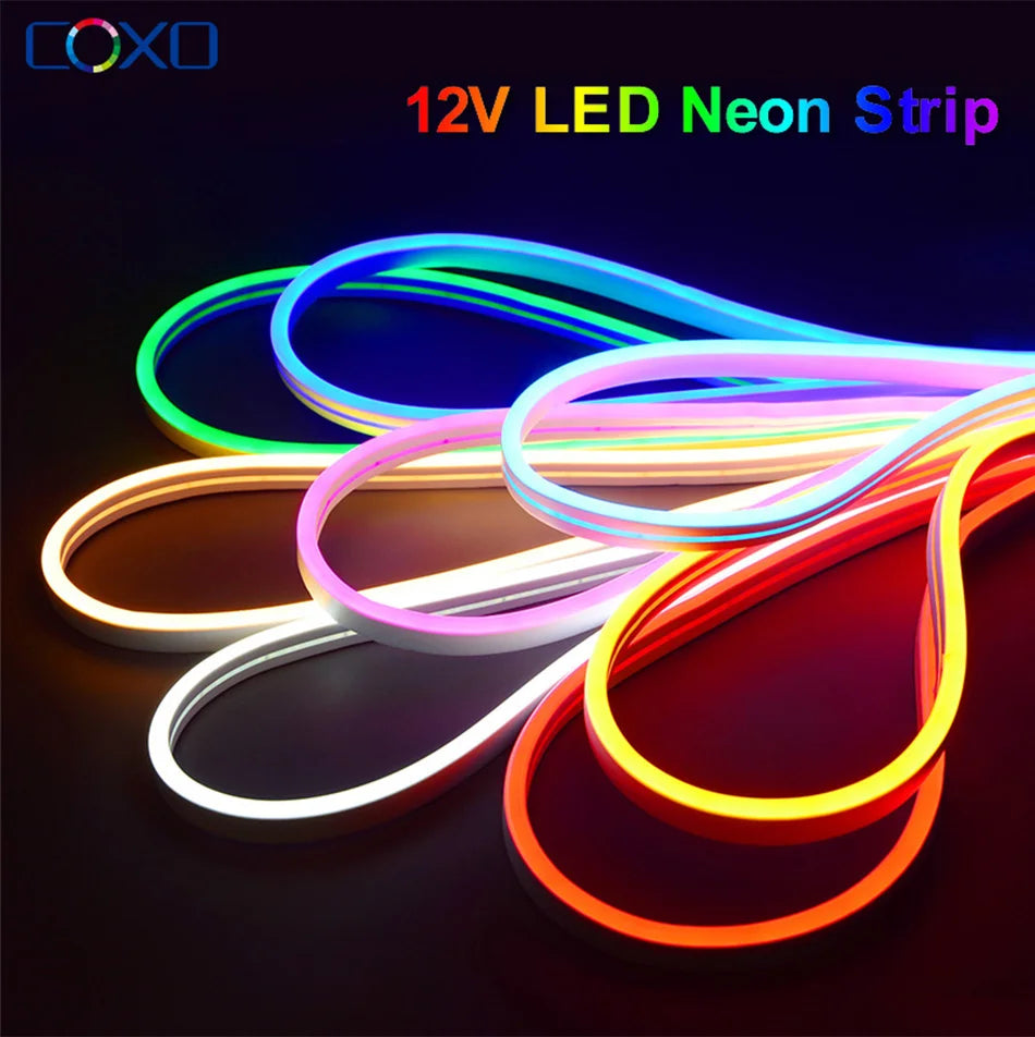 DC12V LED Neon Strip Light, LED neon light with no dots, ideal for indoor/outdoor use in signs, decorations, and displays.