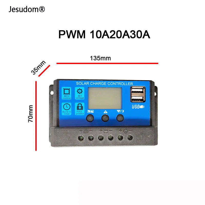 12V24V Auto. PWM Solar Charge Controller, Solar charge controller with LCD display and USB output charges batteries from PV panels at 10A-60A.