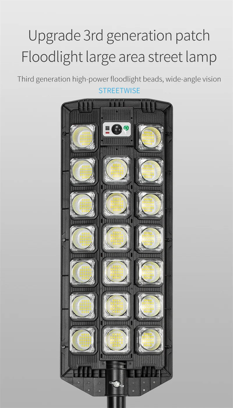 15000LM Solar Street Light, Wide-angle LED lights for large areas, providing bright and even illumination.